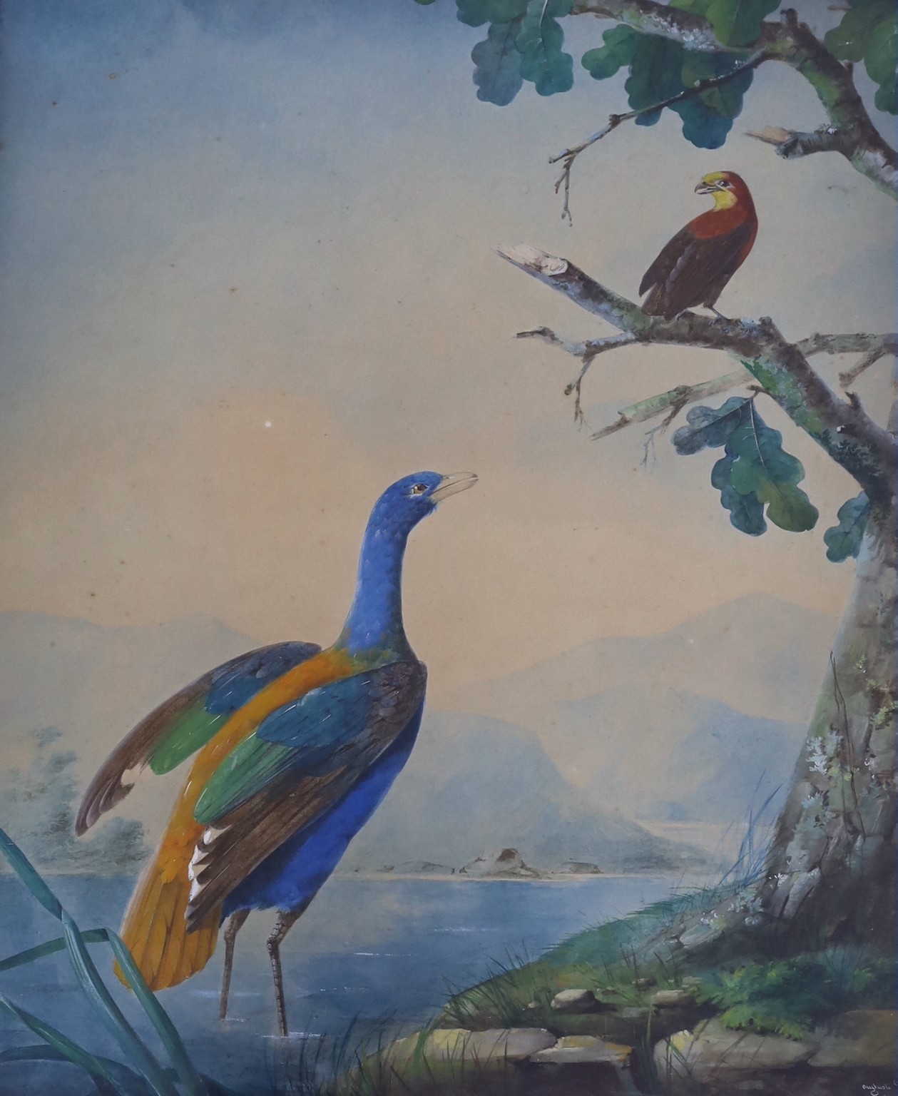 After Auguste Pelletier (fl.1800-1847), glass painting, Study of birds by a lake, 59 x 49cm